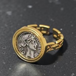 18k Gold Plated Byzantine Ancient 2 Tone Coin Chainlink Ring